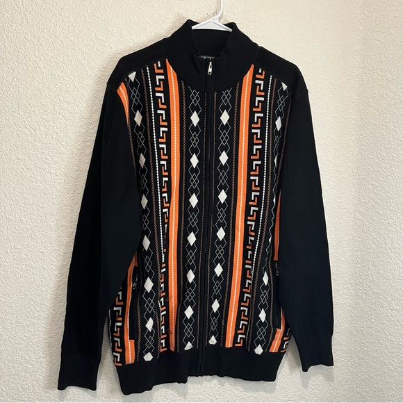Luxton Black Orange Full Zip Argyle Long Sleeves Elbow Patch Sweater Mens Sz L - Picture 11 of 11